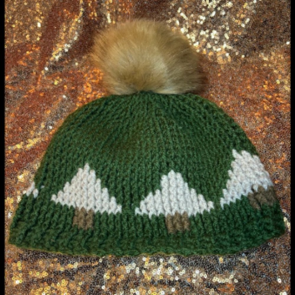 handmade Green w/ Brown Fuzzy Beanie Winter Hat